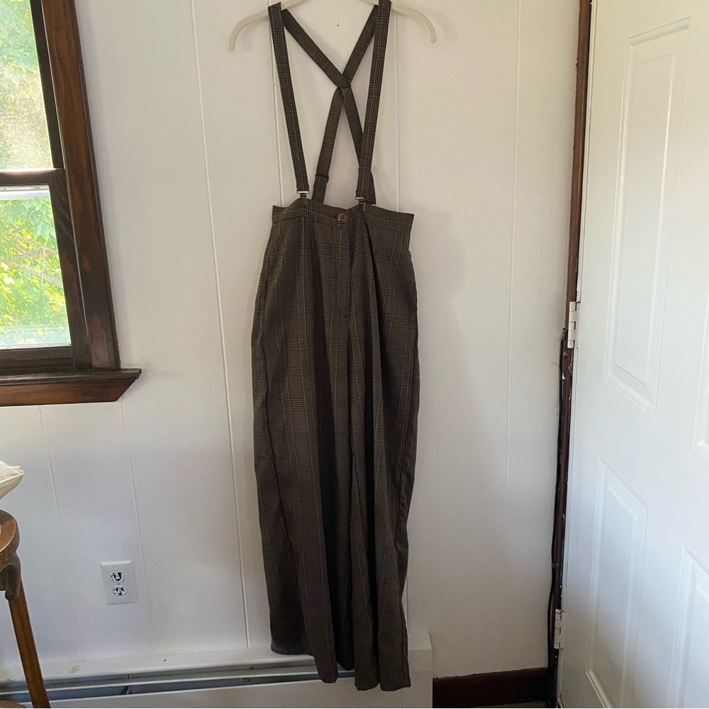 Collectif Vintage High Waisted Trousers with Suspenders - Brown Plaid, Size - S